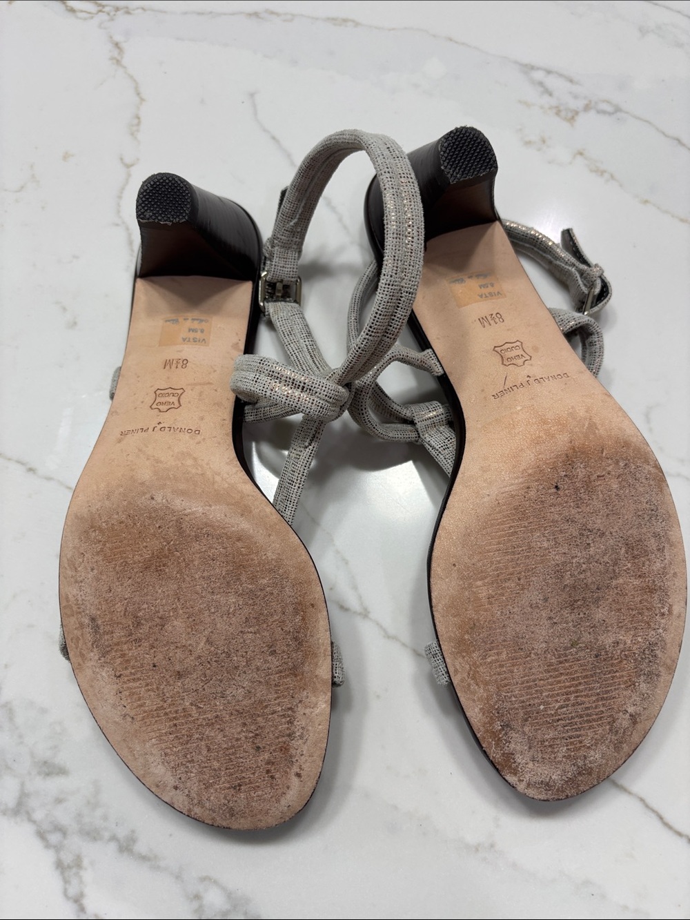 Donald J. Pliner Silver Textured Strappy Mid-Heel Sandals - Picture 11 of 13